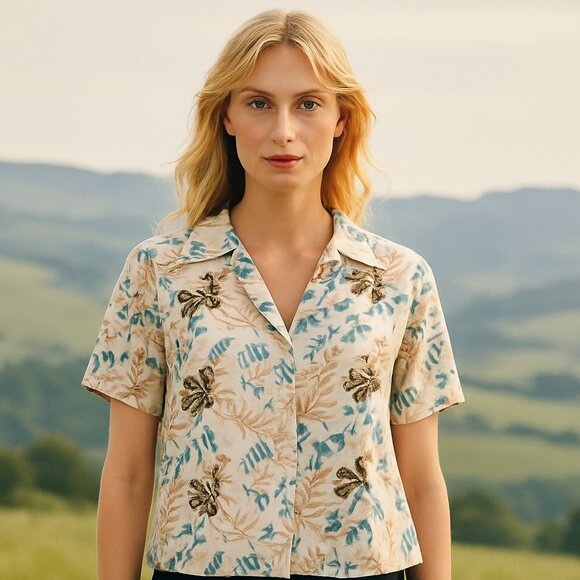 Anthropologie Jane + Delancey Floral Rayon Button Up Blouse Boho Resort Chic L - Picture 1 of 7